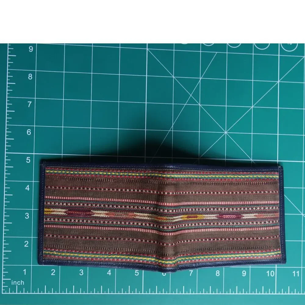 Vintage Handmade Woven Textile Navy Leather Wallet Billfold Gift Him